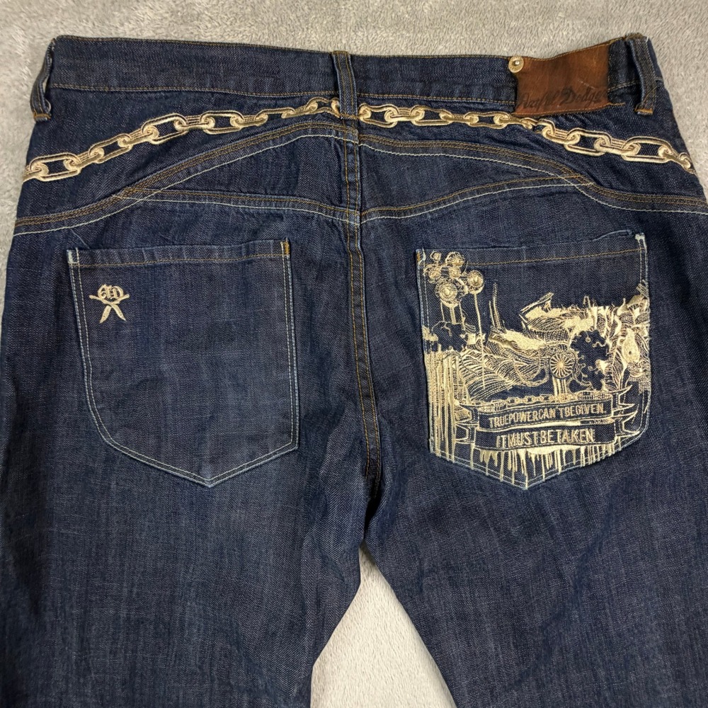 Artful Dodger Mens Embroidered Graphic Dark Wash Denim Jeans Size 38 Streetwear